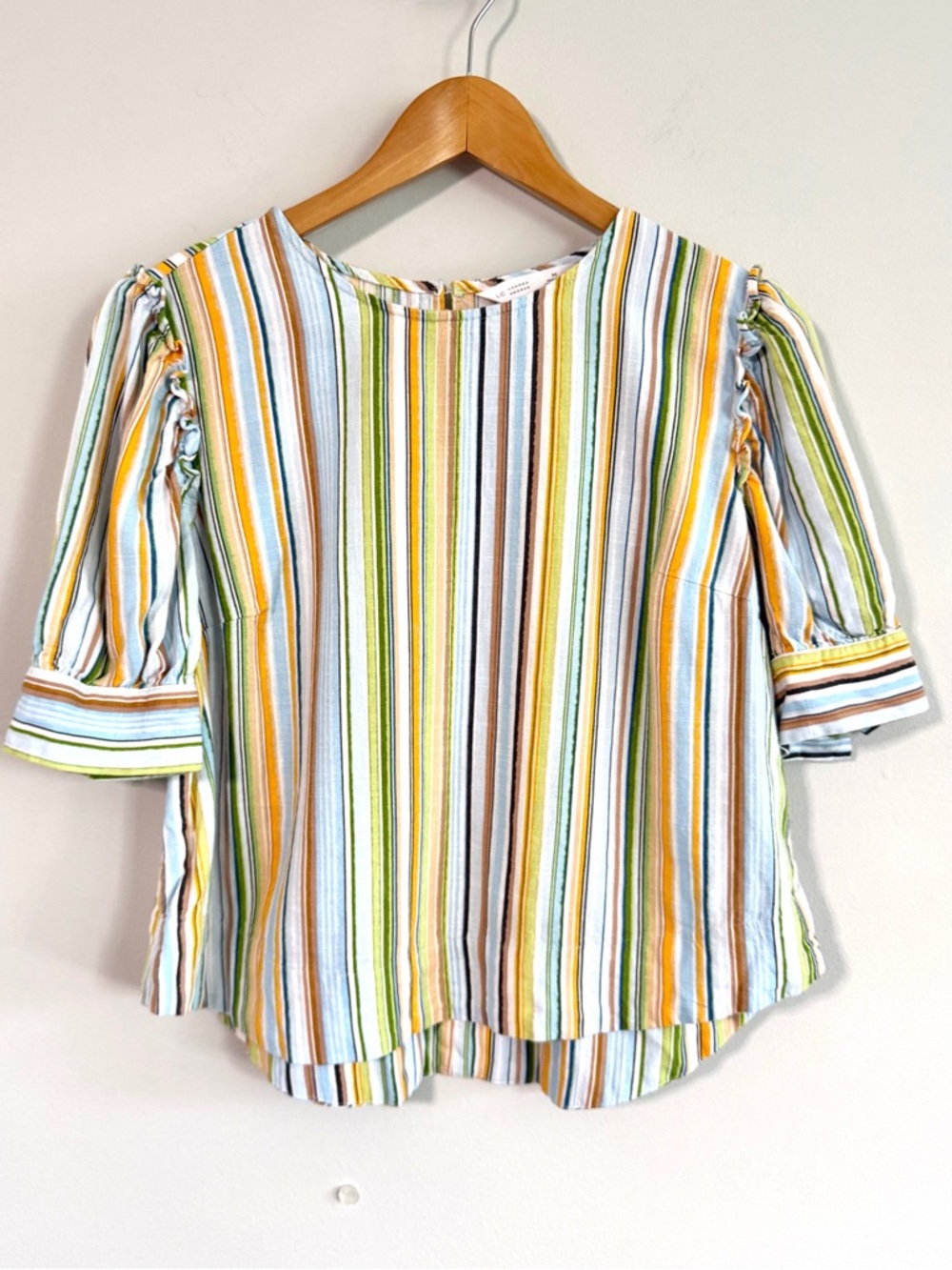 Lauren Conrad Puff-Sleeve Linen Blend Top Multi-Stripe Women’s Medium